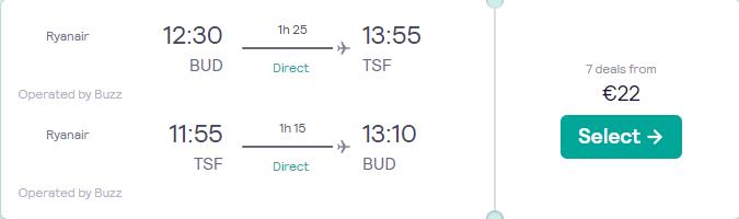 Non-stop flights from Budapest, Hungary to Venice, Italy for only €22 roundtrip. Flight deal ticket image.