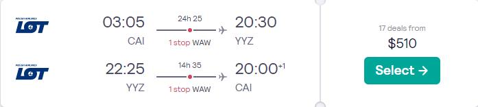 Cheap flights from Cairo, Egypt to Toronto, Canada for just US$510 round trip with LOT Polish Airlines.  Image of flight offer ticket.