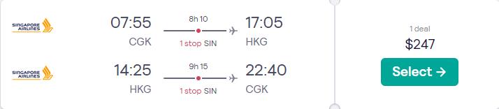 Cheap flights from Jakarta, Indonesia to Hong Kong for just US$247 round trip with Singapore Airlines.  Image of flight offer ticket.