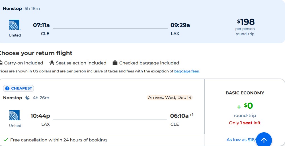 Non-stop flights from Cleveland, Ohio to Los Angeles for only $198 roundtrip with United Airlines. Also works in reverse. Flight deal ticket image.