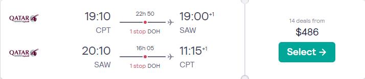 Cheap flights from Cape Town, South Africa to Istanbul, Turkey for just US$486 round trip with Qatar Airways.  Image of flight offer ticket.