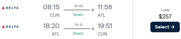 Click here to book this cheap flight deal. Non-stop flights from Cancun, Mexico to Atlanta, USA for only $257 USD roundtrip with Delta Air Lines. Flight deal ticket image.