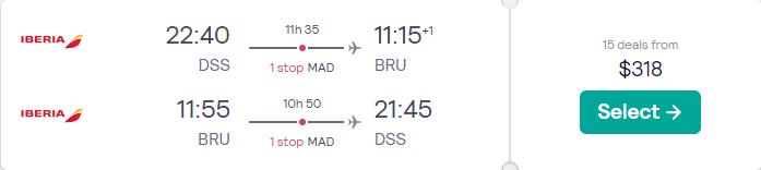 Cheap flights from Dakar, Senegal to Brussels, Belgium for just US$318 return with Iberia.  Image of flight offer ticket.