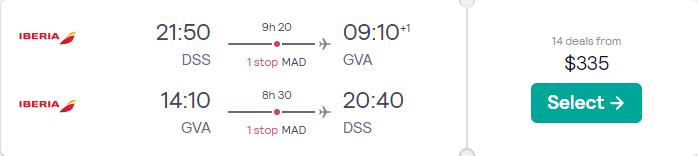 Cheap flights from Dakar, Senegal to Geneva, Switzerland for just US$335 round trip with Iberia.  Image of flight offer ticket.