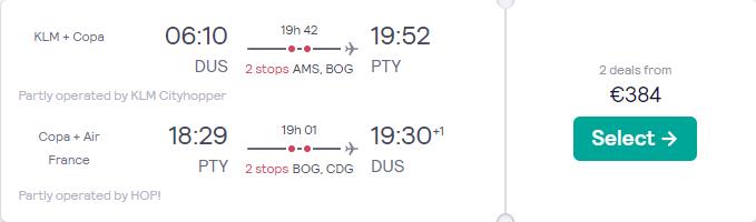 Cheap flights from Dusseldorf, Germany to Panama City, Panama for only €384 roundtrip with KLM, Copa Airlines and Air France. Flight deal ticket image.