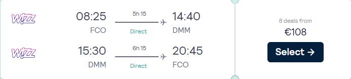 Non-stop flights from Rome, Italy to Dammam, Saudi Arabia for just â‚¬108 return.  Image of flight offer ticket.