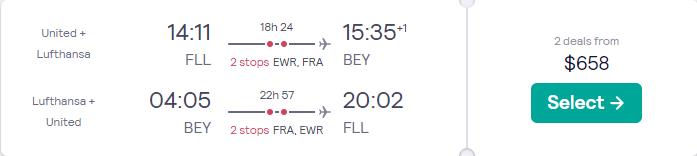 Click here to book this cheap flight deal. Cheap flights from Fort Lauderdale to Beirut, Lebanon for only $658 roundtrip with United Airlines and Lufthansa. Flight deal ticket image.