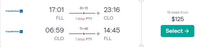 New Year's Eve flights from Fort Lauderdale to Cali, Colombia for just $125 roundtrip with Copa Airlines.  Image of flight offer ticket.