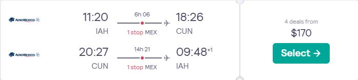 Cheap flights from Houston or Denver to Cancun, Mexico from just $170 round trip with Aeromexico.  Image of flight offer ticket.