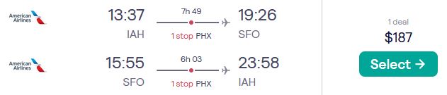 Cheap flights from Houston, Texas to San Francisco for only $187 roundtrip with American Airlines. Also works in reverse. Flight deal ticket image.
