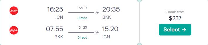 Non-stop flights from Seoul, South Korea to Bangkok, Thailand for only $237 USD roundtrip. Flight deal ticket image.