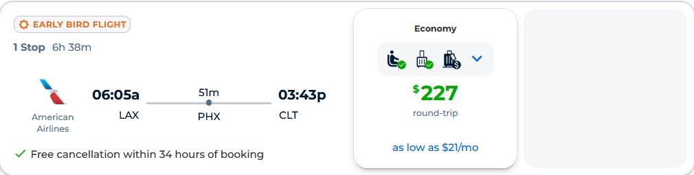 Summer flights from Los Angeles to Charlotte, North Carolina for only $227 roundtrip with American Airlines. Also works in reverse. Flight deal ticket image.