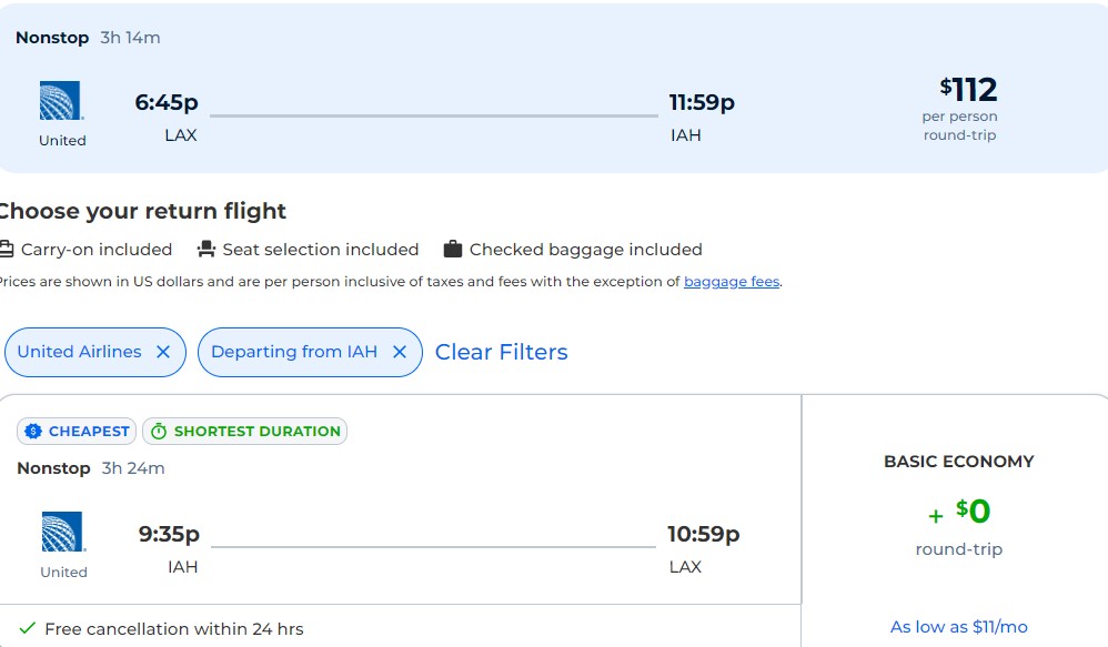 Fly nonstop from Los Angeles to Houston, TX for just $112 roundtrip with United Airlines.  Also works in reverse.  Image of flight offer ticket.