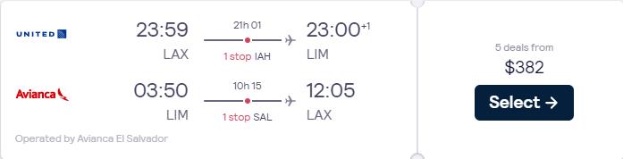 Cheap flights from Los Angeles to Lima, Peru for just $382 round trip with United Airlines.  Image of flight offer ticket.