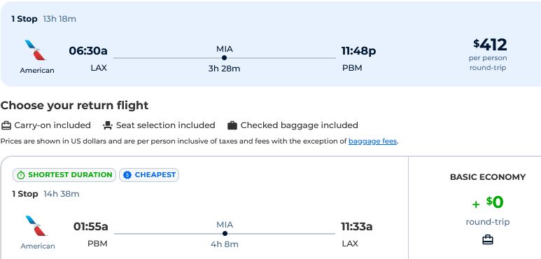 Cheap flights from Los Angeles to Paramaribo, Suriname for only $412 roundtrip with American Airlines. Flight deal ticket image.