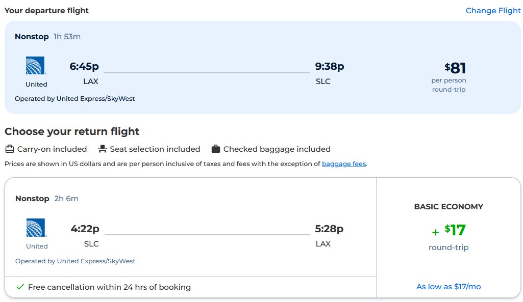 Non-stop flights from Los Angeles to Salt Lake City, Utah for only $98 roundtrip with United Airlines. Also works in reverse. Flight deal ticket image.