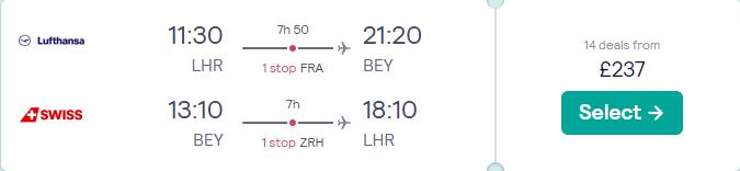 Click here to book this cheap flight deal. Cheap flights from London, UK to Beirut, Lebanon for only £237 roundtrip with Lufthansa and Swiss International Air Lines. Flight deal ticket image.