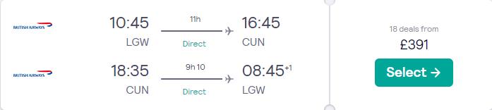 Fly non-stop from London, UK to Cancun, Mexico for just £391 return with British Airways.  Image of flight offer ticket.