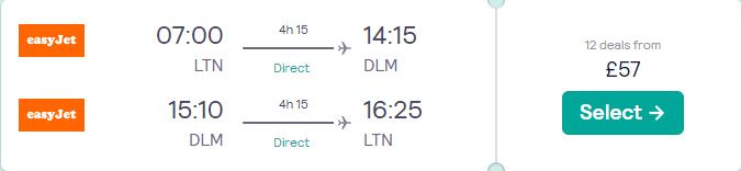 Non-stop flights from London, UK to Dalaman, Turkey for only £57 roundtrip. Flight deal ticket image.