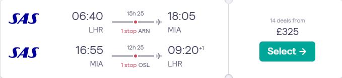 Cheap flights from London, UK to Florida cities from only £325 roundtrip with Scandinavian Airlines. Flight deal ticket image.
