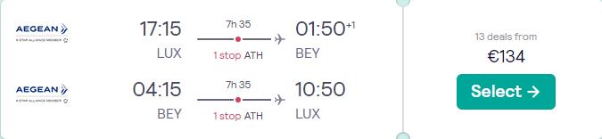 Cheap flights from Luxembourg to Beirut, Lebanon for only €134 roundtrip with Aegean Airlines. Flight deal ticket image.