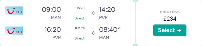 Non-stop flights from Manchester, UK to Puerto Vallarta, Mexico for only £235 roundtrip. Flight deal ticket image.