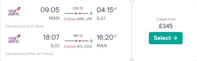 Cheap flights from UK cities to San Juan, Puerto Rico from only £345 roundtrip with KLM, Delta Air Lines and Air France. Flight deal ticket image.