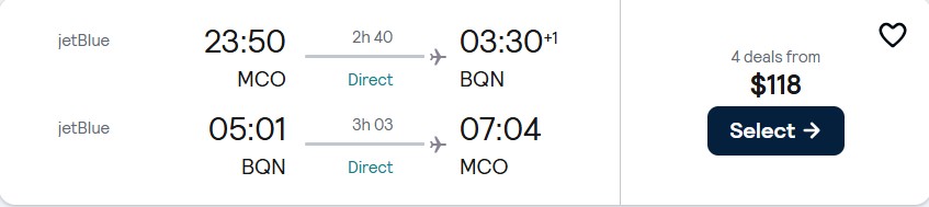Non-stop flights from Orlando, Florida to Aguadilla, Puerto Rico for only $118 roundtrip with JetBlue. Flight deal ticket image.