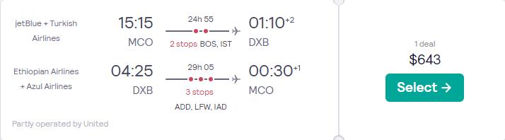 Cheap flights from Orlando, Florida to Dubai, UAE for only $643 roundtrip with JetBlue, Turkish Airlines and United Airlines. Flight deal ticket image.