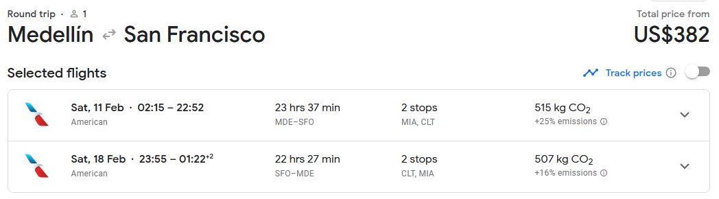 Click here to book this cheap flight deal. Cheap flights from Medellin, Colombia to San Francisco, USA for only $382 USD roundtrip with American Airlines. Flight deal ticket image.