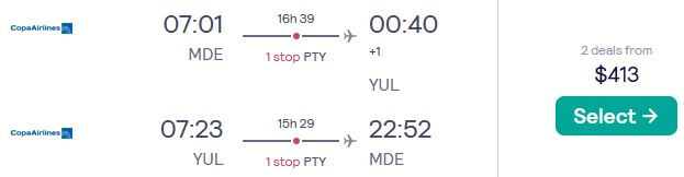 Cheap flights from Medellin, Colombia to Montreal, Canada for only $413 USD roundtrip with Copa Airlines. Flight deal ticket image.