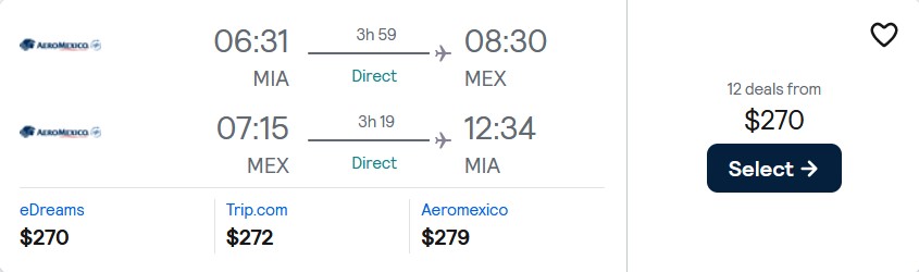 Non-stop flights from Miami to Mexico City, Mexico for only $270 roundtrip with Aeromexico. Flight deal ticket image.