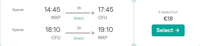 Nonstop flights from Milan, Italy to the Greek island of Corfu for just €18 return.  Image of flight offer ticket.