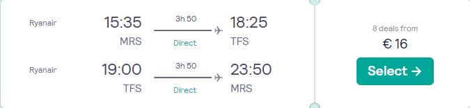 Non-stop flights from Marseille, France to the Canary Islands for only €16 roundtrip. Flight deal ticket image.