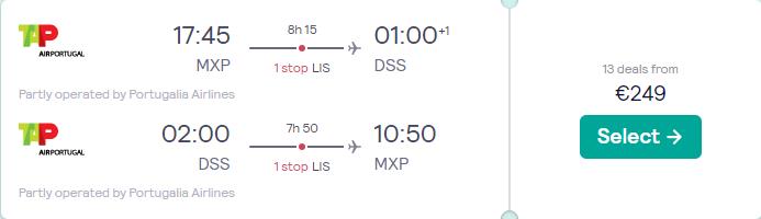 Cheap flights from Milan, Italy to Dakar, Senegal for just €249 round trip with TAP Air Portugal.  Image of flight offer ticket.