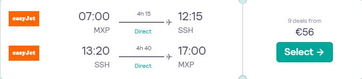 Non-stop flights from Milan, Italy to Sharm el Sheikh, Egypt for only €56 roundtrip. Flight deal ticket image.