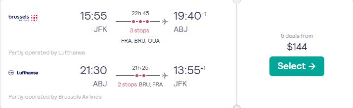 Error Fare flights from US cities to Abidjan, Ivory Coast from only $144 roundtrip with Lufthansa and Brussels Airlines. Flight deal ticket image.