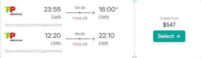 Cheap flights from New York to Casablanca, Morocco for just $547 round trip with TAP Air Portugal.  Image of flight offer ticket.