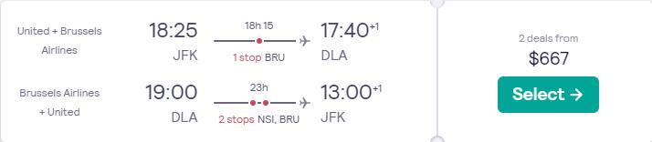 Cheap flights from New York to Douala, Cameroon for just $667 round trip with Brussels Airlines.  Image of flight offer ticket.