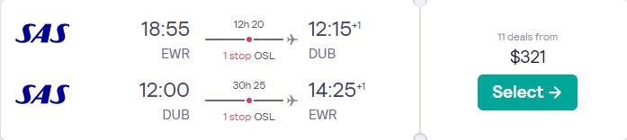 Cheap flights from New York to Dublin, Ireland for just $321 round trip with Scandinavian Airlines.  Image of flight offer ticket.