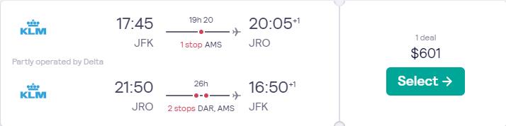 Cheap flights from New York to Kilimanjaro, Tanzania for only $601 roundtrip with Delta Air Lines and KLM. Flight deal ticket image.