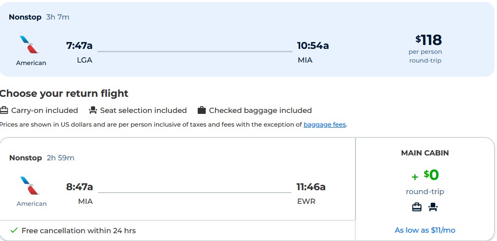 Nonstop flights from New York to Miami for just $118 roundtrip with American Airlines.  Also works in reverse.  Image of flight offer ticket.