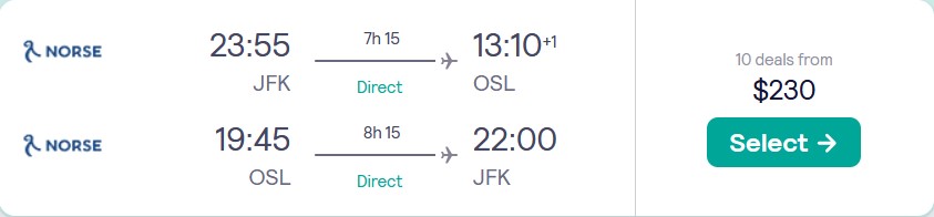 Non-stop flights from New York or Fort Lauderdale to Oslo, Norway from only $230 roundtrip. Flight deal ticket image.