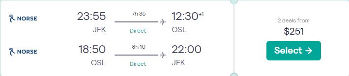 Non-stop flights from New York or Fort Lauderdale to Oslo, Norway from only $251 roundtrip. Flight deal ticket image.