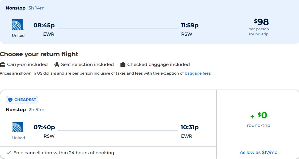 Nonstop from New York to Fort Myers, Florida (& vice versa) for only