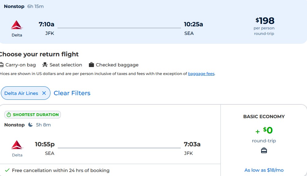 Nonstop flights from New York to Seattle for just $198 roundtrip with Delta Air Lines.  It also works the other way around.  Flight offer ticket image.