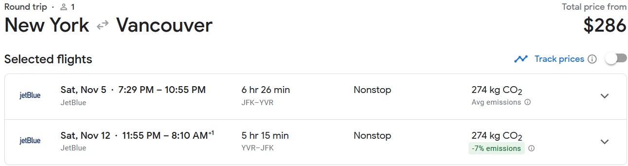 Non-stop flights from New York to Vancouver, Canada for only $286 roundtrip with JetBlue. Flight deal ticket image.