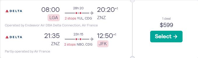 Cheap flights from New York to Zanzibar, Tanzania for only $599 roundtrip with Air France and Delta Air Lines. Flight deal ticket image.