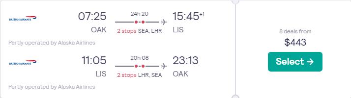 Cheap flights from Oakland, CA to Lisbon, Portugal for just $443 round-trip with Alaska Airlines and British Airways.  Image of flight offer ticket.