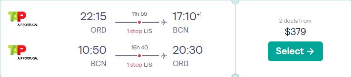 Click here to book this cheap flight deal. Cheap flights from Chicago or Washington DC to Barcelona, Spain from only $379 roundtrip with TAP Air Portugal. Flight deal ticket image.